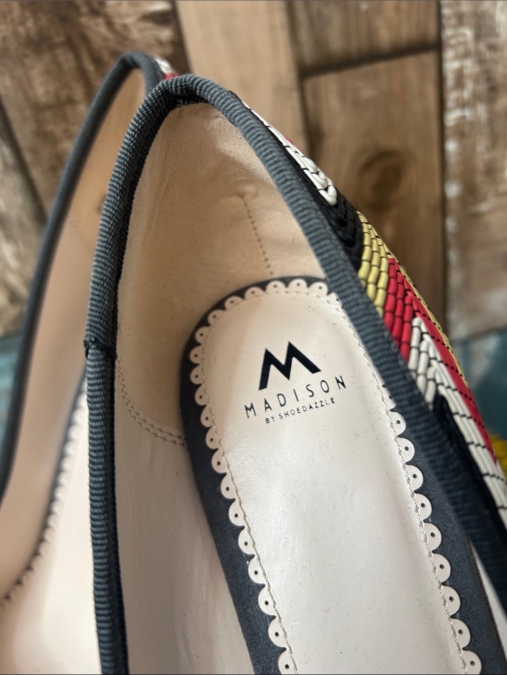 Madison Chevron Woven Pointed-Toe Stilettos in Red, Yellow, Black & White - Picture 2 of 15